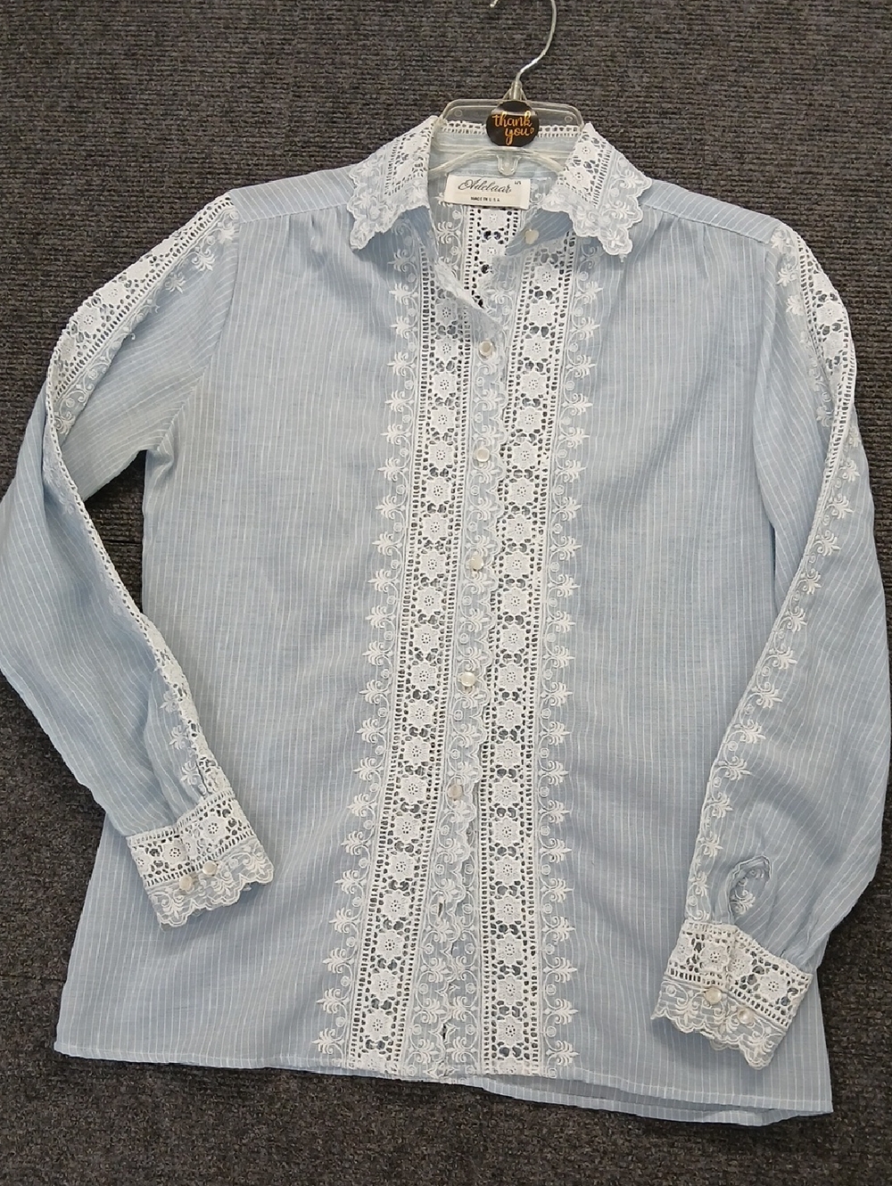 Vtg Cottagecore ADELAAR Light Blue Lace-Trim  Women's L/S Dress Shirt SZ 10